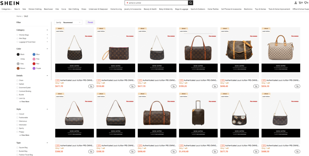 Bag store screenshot of SHEIN Marketplace platform