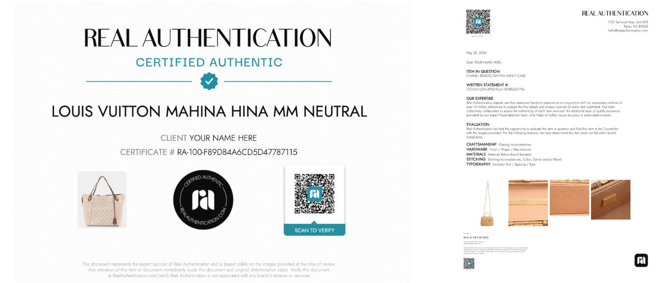 Sample Real Authentication Authenticity Certificate for a Louis Vuitton Handbag and Written Statement for Chanel Bag