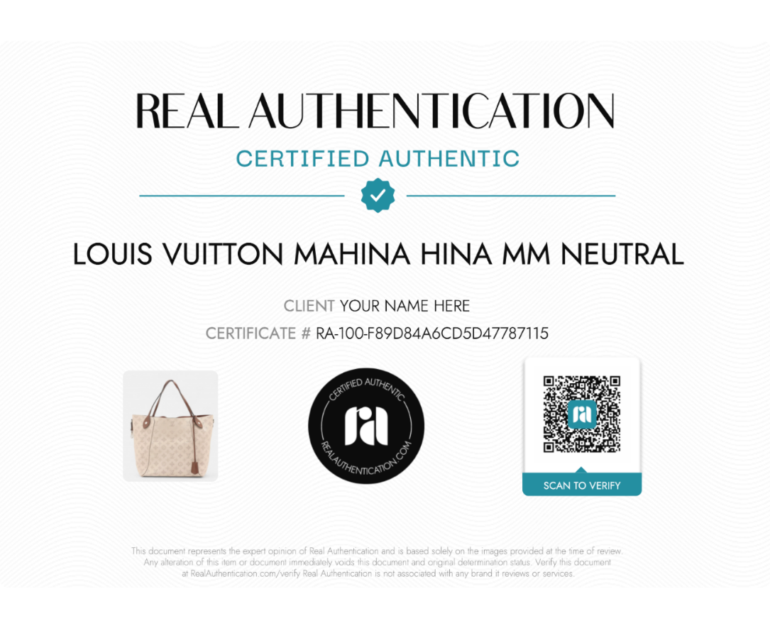 Sample Real Authentication Certificate of Authenticity Card for a Louis Vuitton Mahina Hina MM Neutral Handbag
