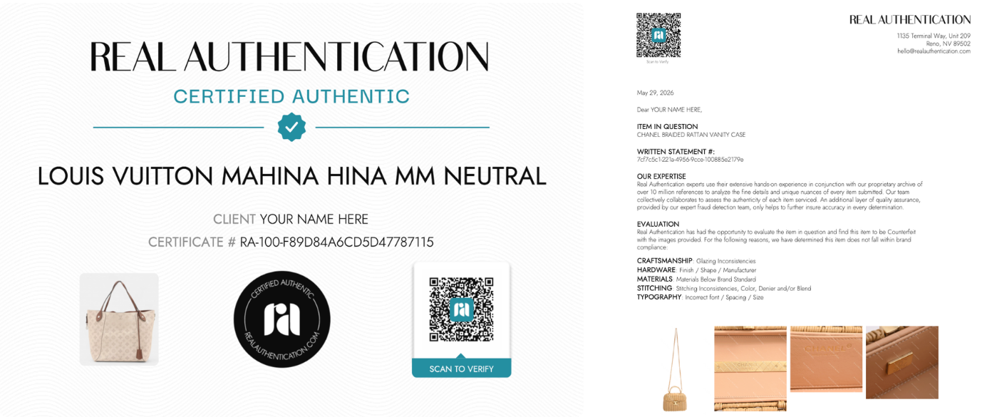 Authenticity Certificate for Louis Vuitton Handbag and Written Statement for Chanel Bag
