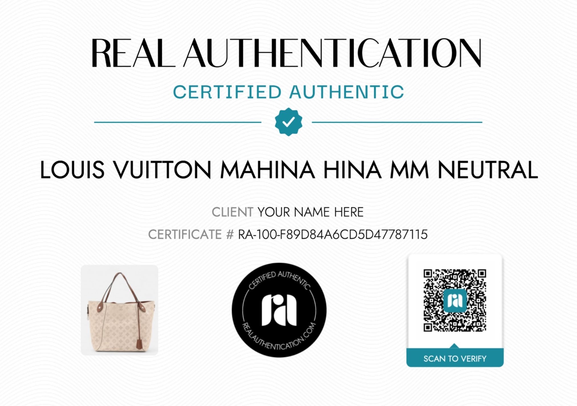 Sample Real Authentication Certificate of Authenticity Card for a Louis Vuitton Mahina Hina MM Neutral Handbag