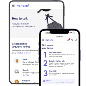 Tablet and Mobile phone with Mercari How to Sell instructions
