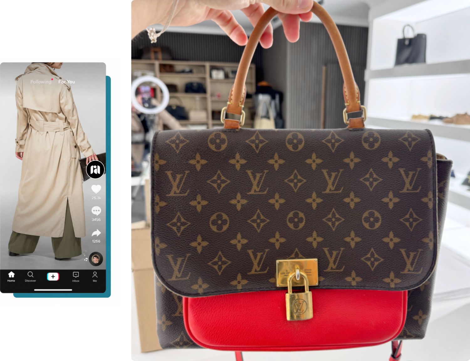 Louis Vuitton handbag and Mobile Phone with TikTok Shop post featuring luxury trench coat, pants and bag