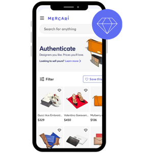 Mobile phone with Mercari authenticate webpage and designer listings of Gucci shoes, Valentino heels, and more