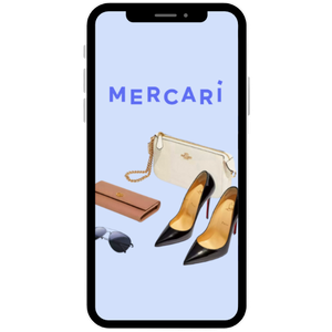 Mobile phone with Mercari logo with heels, purse, clutch, and sunglasses