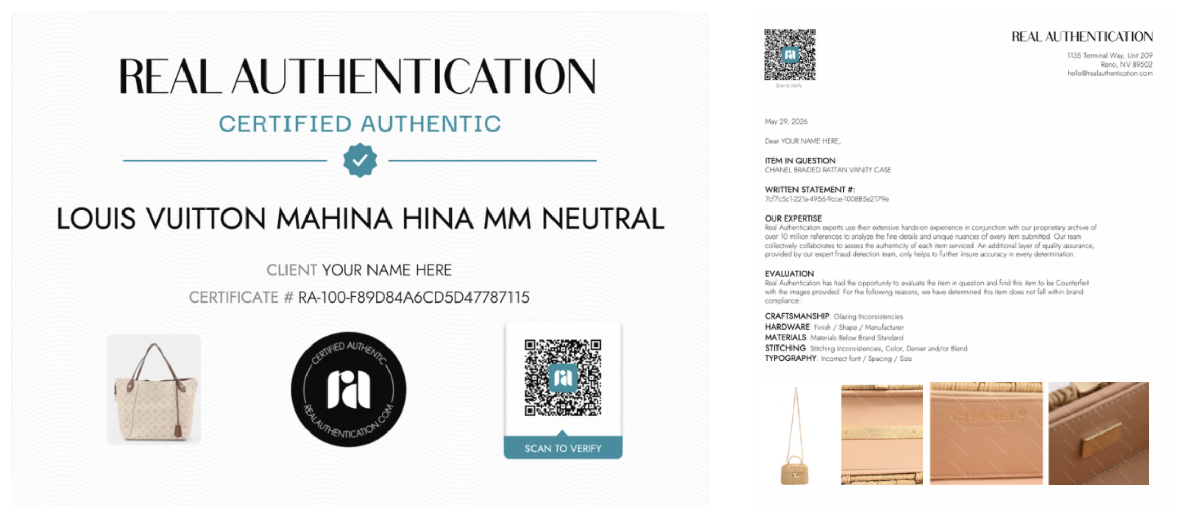Authenticity Certificate for Louis Vuitton Handbag and Written Statement for Chanel Bag