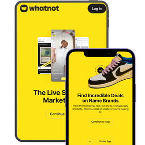 Tablet and mobile phones with Whatnot logo and webpages featured
