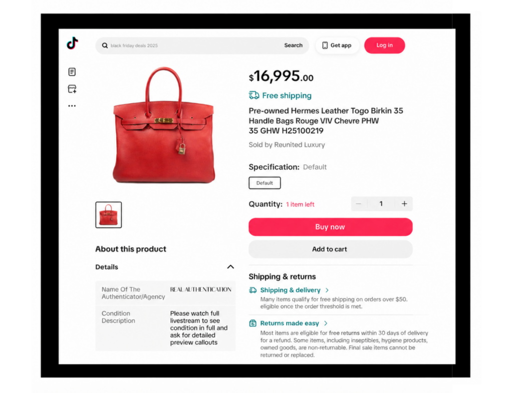 TikTok shop listing for red Hermes leather handle bag